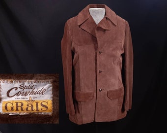 Vintage 70s Split Cowhide Leather Jacket by Grais, Size 40L, Removeable Liner, Made in USA, Excellent Condition, Brown Split Leather Jacket