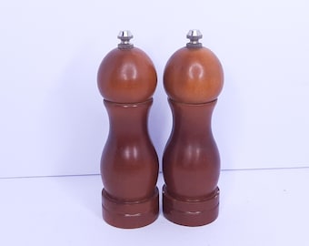 Vintage Wooden Salt and Pepper Grinders  6" Tall, 2" Diam. Ceramic Salt & Pepper Grinders, Very Good Condition, Tiny Dings and Light Wear