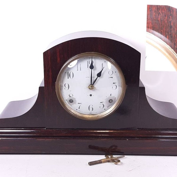 Antique Seth Thomas Adamantine Wind Up Mantel Clock with Key, Works, Strikes on Hours and Half Hour- Broken Bob Stone, Light Wear and Dings
