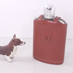 Vintage Glass 12oz. Flask with Lid and Shot Cap in Leather Pouch, Tear in Leather, Superficial Corrosion in Cap, Otherwise Excellent