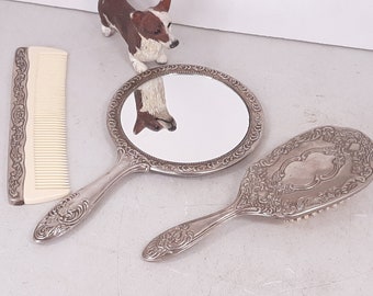 Vintage Nickelplate Ornate Hand Mirror; Brush and Comb, Brittle Bristles, Very Good Used Condition, Fancy Hair Comb, Mirror and Brush