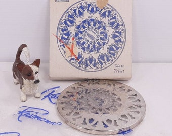 Vintage Raimond Glass Trivet No. 254, 6" Diameter, Made in Italy, Glass with Silver Plate, New Old Stock, Excellent, Fancy Service Trivet