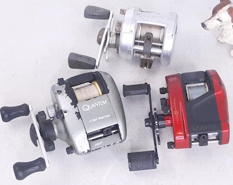 Lot of 3 Vintage Quantum Baitcasting Reels, Quantum US300 Round Reel, Quantum Lite QL500, Quantum Flippin Reel, Worn, Good Working Condition