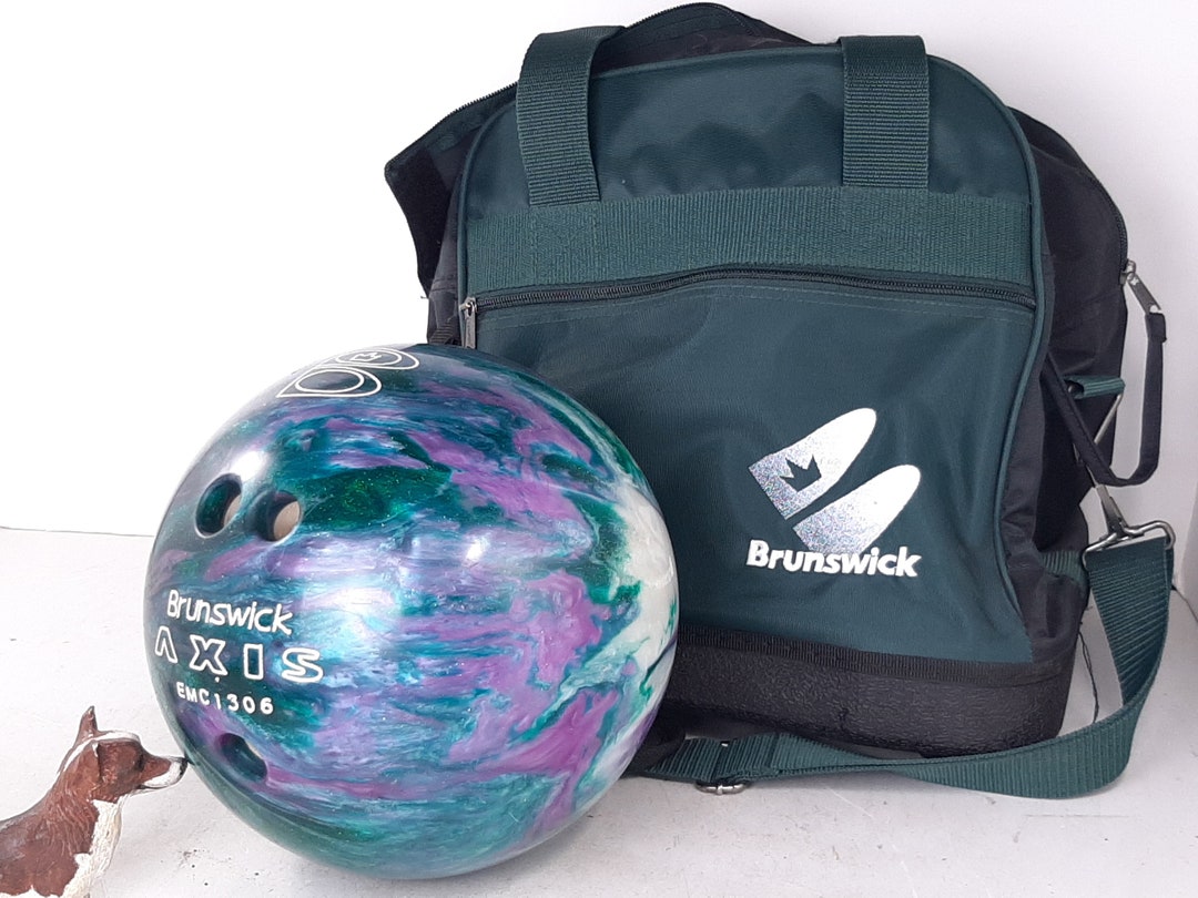 Vintage 1998 Brunswick Axis Bowling Ball With Sparkle Purple, Green and Pearl Swirl, With Nylon