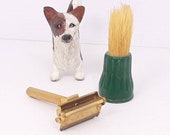Vintage Valet Razor and Shaving Brush, Gold Tone Single Edge Razor, Patent 1492246, Patent 1770170, Very Good Condition, Vintage Razor