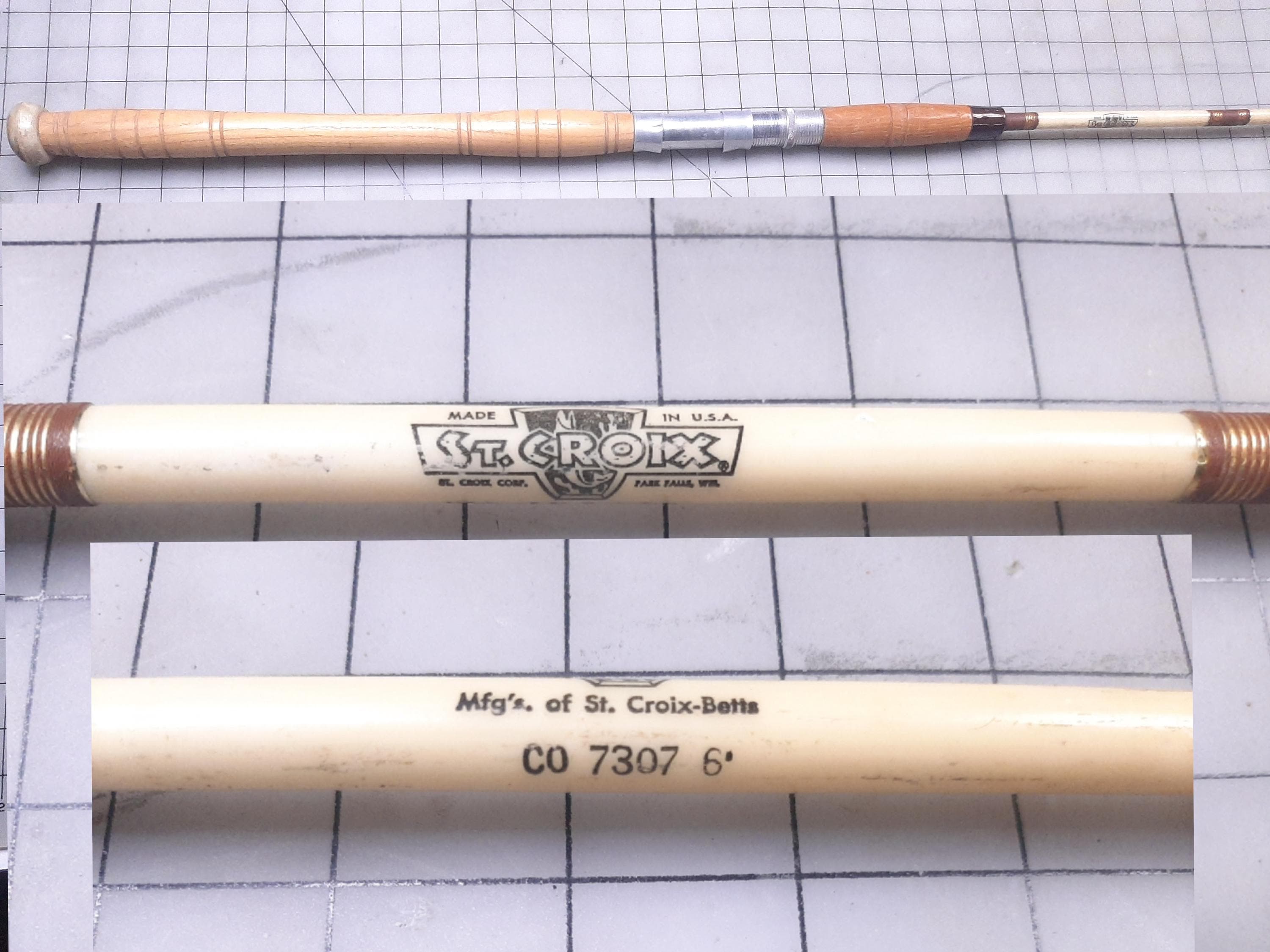 Vintage St. Croix Solid Fiberglass Rod with Wooden Handle, St. Croix CO 7307 6' Rod with Gold Colored Guides & Accent Wraps, Excellent Used Vintage St. Croix Solid Fiberglass Rod with Wooden Handle, St. Croix CO 7307 6' Rod with Gold Colored Guides & Accent Wraps, Excellent Used