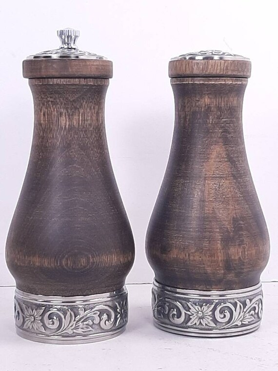 Vintage Wooden Salt Shaker & Pepper Grinder With Ornate Band