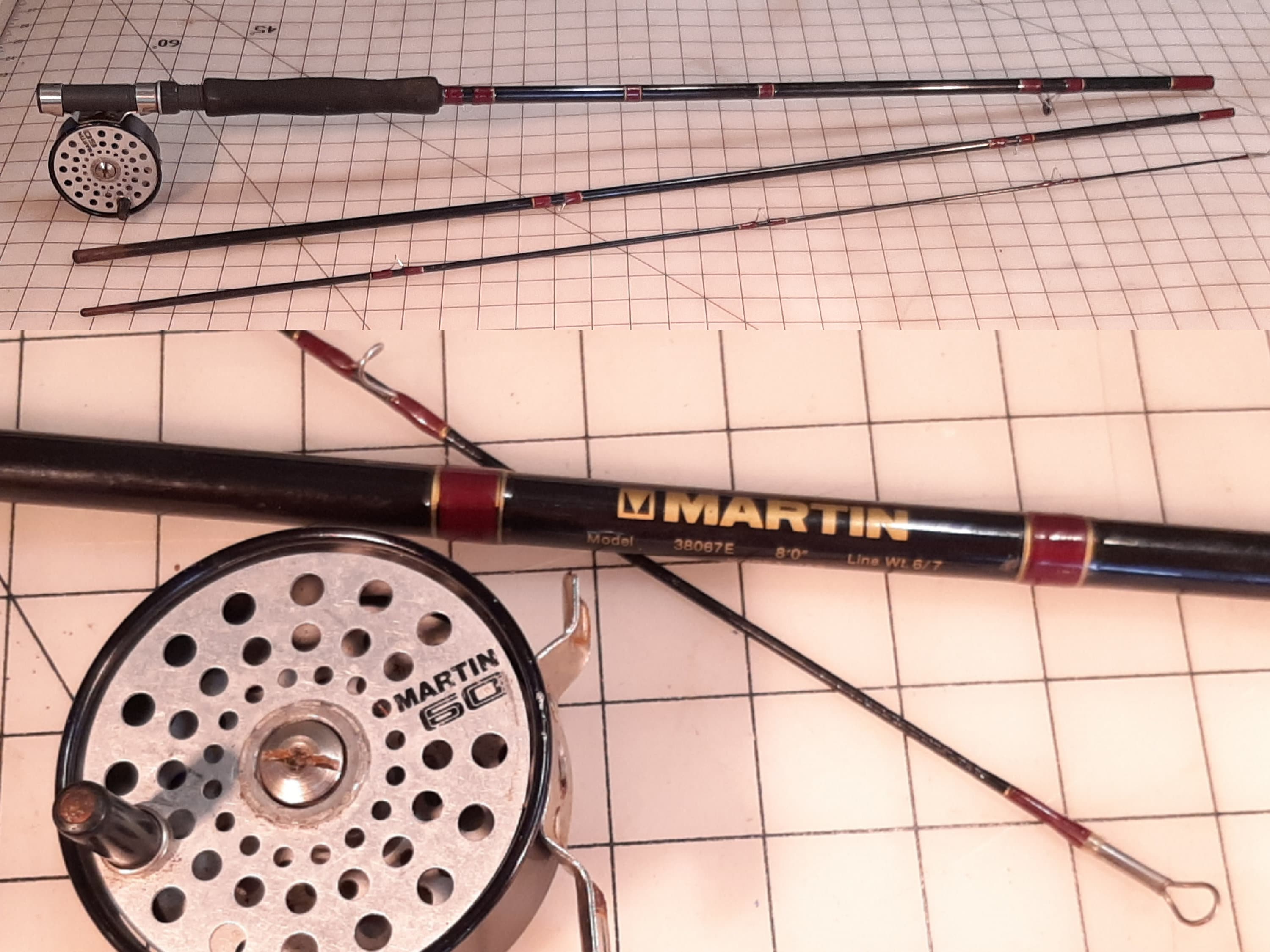 Vintage Martin Fly Rod Combo, Martin 60 Reel and Martin 38067E 3pc 8', 6/7  Weight Fly Rod, Very Good Useable Condition, Some Scuffs and Wear