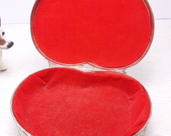 Vintage Heart Shaped Silver Plated Footed Jewelry Box with Red Interior, Folk Scene on Top, 5.5" Wide, 2" Tall, Made In Japan, Some Tarnish
