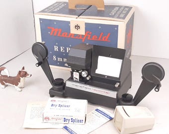 Mansfield Reporter 8mm Editor 650 for Repair- Missing Power Cord, with Torn Box, and Mansfield Dry Splicer & Sawyer&#39;s Mono-Vue Slide Viewer