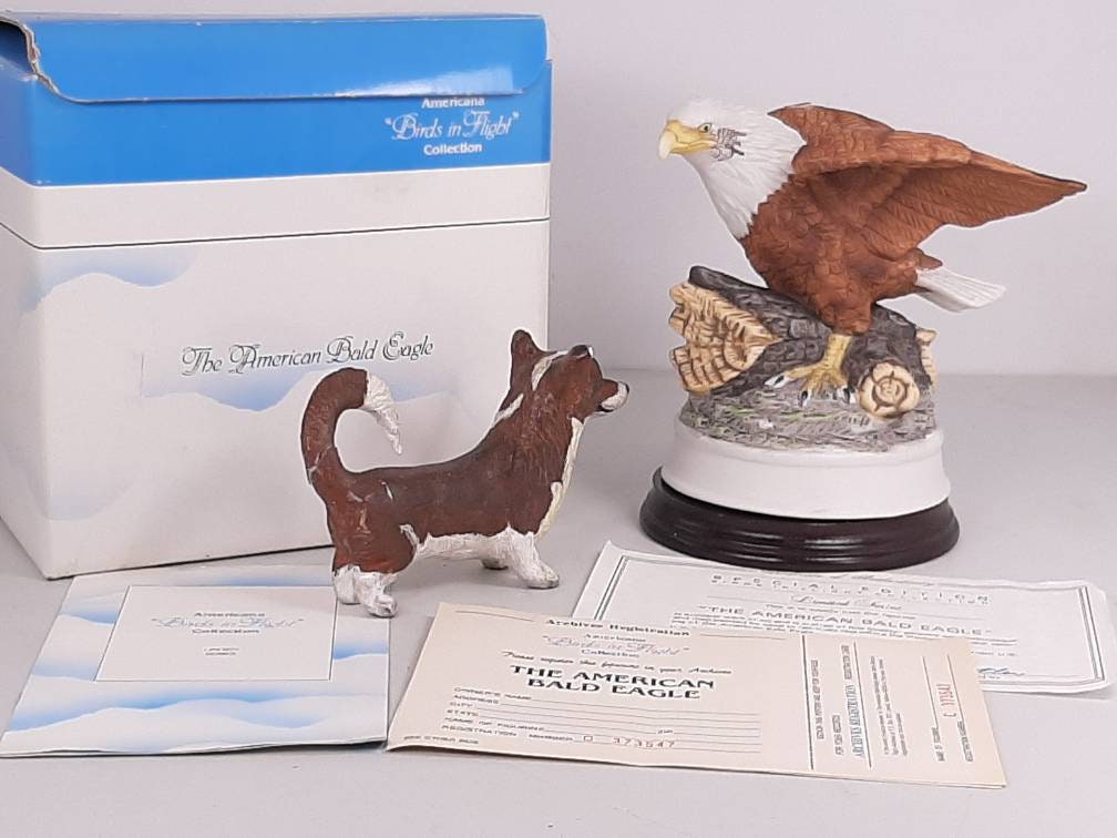 Vintage Royal Heritage Porcelain Bald Eagle With Wooden Base in