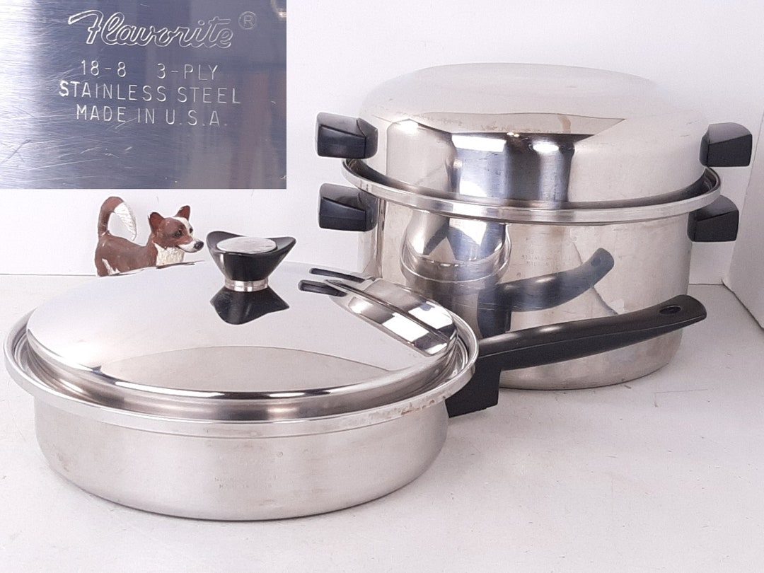 Vintage Flavorite 188 3 Ply Stainless Steel 6qt Stockpot With Dome Lid & 11 Skillet and Lid
