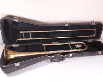 Vintage Reynolds Trombone and Case, Trombone for Refurbishing- Works but Dented and Severe Superficial Corrosion, Slide Works, No Mouthpiece