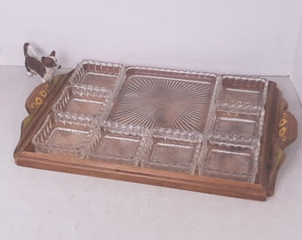 Vintage Square Glass Serving Dishes on Wooden Tray, (8) 4" and (1) 8.5" Square Dishes, Very Good Condition, Lobed Rims with Sunburst Bottoms