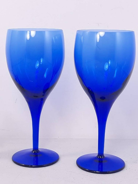 BRAZIL CRYSTAL COBALT BLUE WITH CLEAR BOWL STEMMED WINE GLASSES Set of 8