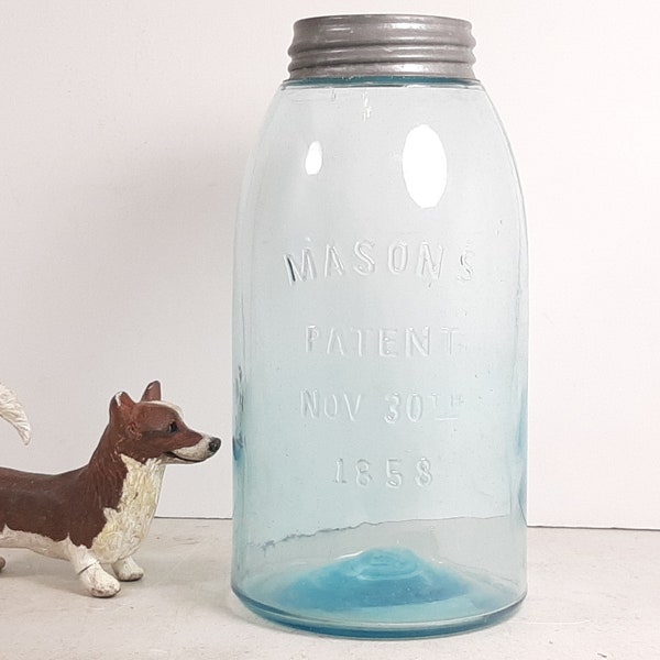 Antique 1.75Qt Mason's Jar Patented Nov 30th 1858, Blue Tint Glass, Zinc Lid, Very Good Condition, 1.75Qt Antique Mason's Jar with Lid