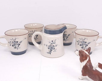 Vintage Noritake Stoneware Single Finger Mugs And Creamer Pitcher with Pleasure Pattern, Blue Glaze Floral Pattern & Brown Rims, Excellent
