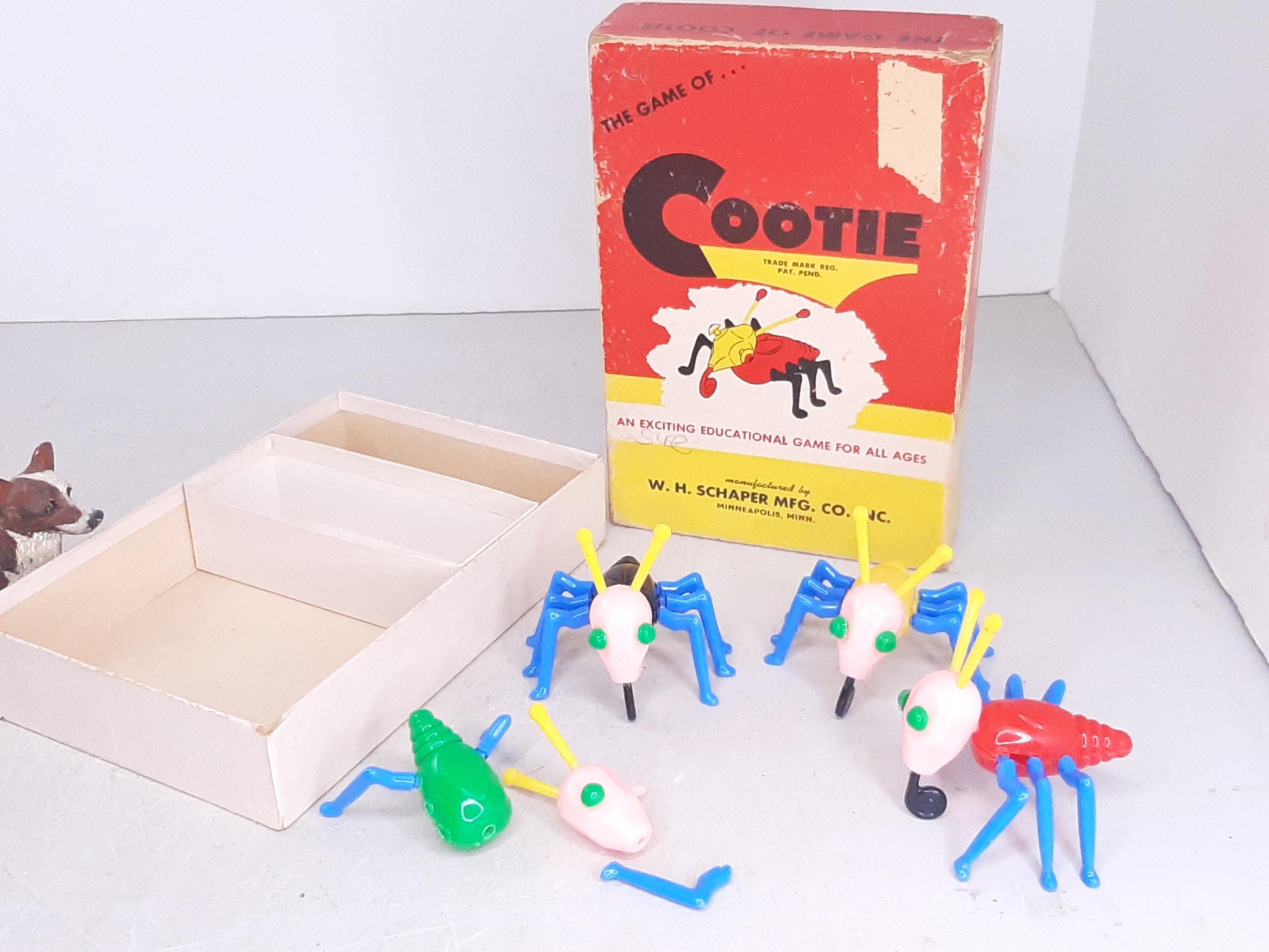 Original Vintage 1949 the Game of Cootie by W.G. Schaper Mfg, 2 Damaged Bodies, Missing 3 Legs; 1 Mouth; 1 Eye & Die, Worn Box, Torn Corner