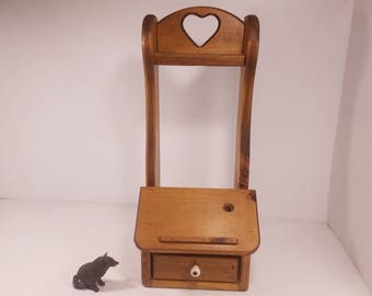 Vintage Wooden Wall Phone Desk, Hand Made Solid Wood with Carved Heart, Drawer and Podium for Writing Notes, Cottage Decor, Nicely Made