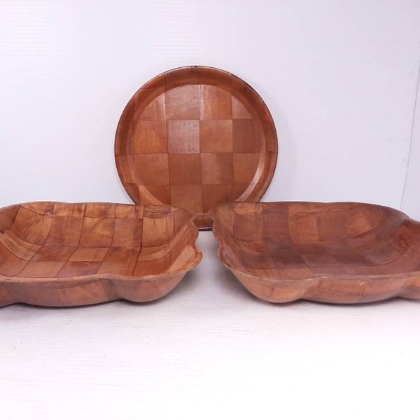Vintage Pressed Wood in Checkerboard Pattern Bowls and Plate, Very Good Condition