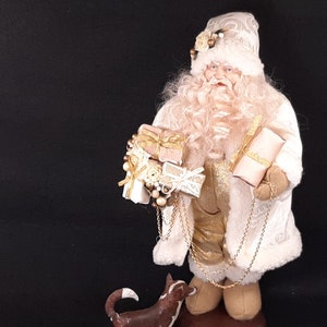 Vintage Old World Santa Claus Figurine, 17&quot; Standing Santa in White Robe and Hat with Gold Pants & Gifts, Plastic Head, Soft Body, Excellent