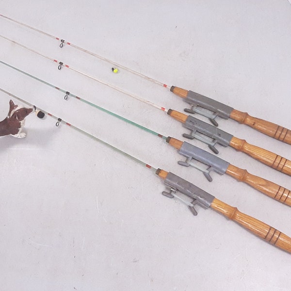 Lot of 4 Vintage Ice Fishing Rods With Lathed Wood Handles, 29" Long, No Damage, Mild Wear and Stains, Hand Wind Line Cleats,