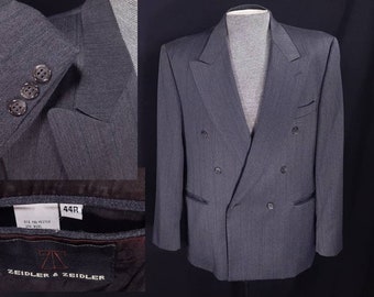 Vintage Zeidler and Zeidler Peak Lapel Double Breasted Sport Coat, 44R, Poly/Wool, Gray with Blue Stripes, Ventless, Fully Lined, Excellent