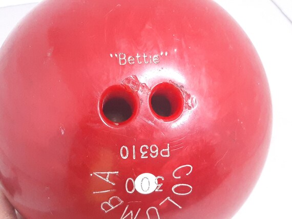 Vintage Columbia 300 White Dot Red Swirl Bowling Ball, Inscribed