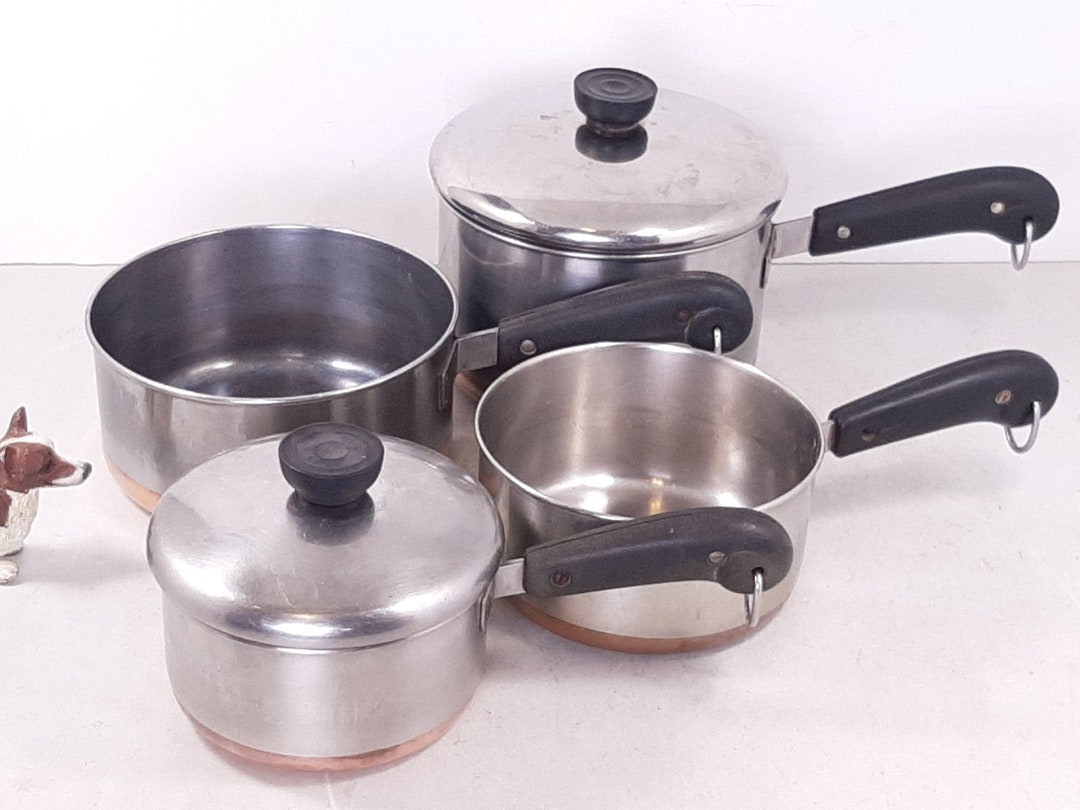 Vintage Pre 1968 Revere Ware 1801 Saucepans, 1qt, 1.5qt, 2qt and 3qt