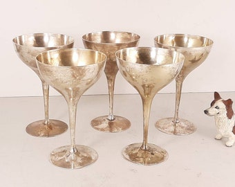 Set of 5 Vintage Leonard EPNS Silverplated Goblets, 8oz, 6" tall, 3.75" Diam. Discoloration and Tarnish, Good Condition, Stemmed Wine Glass