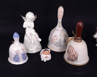 Lot of 5 Vintage Bells with Christian Themes, Angel Bells, Praying Hands Bell, Mary and Joseph/ Manger/ Wise Men Bell, Excellent Condition