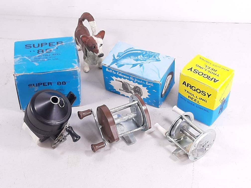 Lot of 3 Vintage Novelty Fishing Reels With Boxes, Made in Taiwan