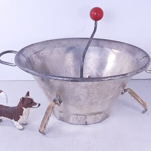 Vintage Brevete SGDG No 4 Food Mill with Red Wooden Knob, Made in France, Paddle Bent, Spots of Corrosion, Otherwise Good Condition