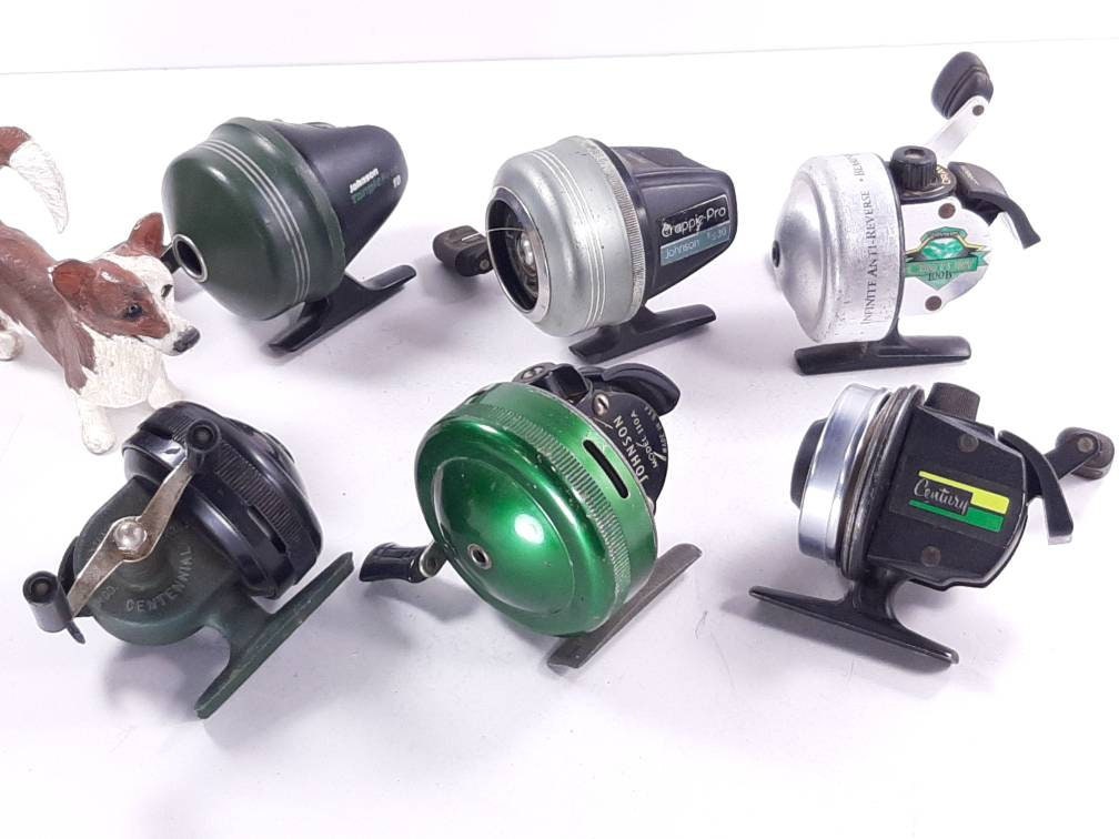 Lot of 6 Johnson Fishing Reels, Johnson the Citation 110A Centennial Model  120 Century 115no Cap & 100B, Crappie Pro 230, Tangle Free 10 