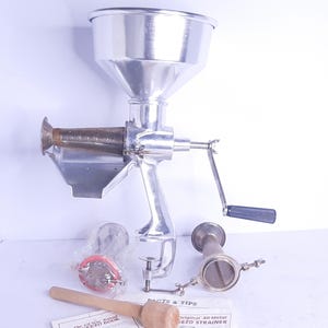 Vintage Lemra Sqeezo III Juicer with Three Screens, Table Mount Cast Aluminum Juicer, Very Good Condition, Missing One Gasket, Light Grunge