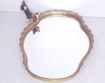 Vintage Ornately Rimmed Mirror Tray or Wall Hanging Mirror, Gold Colored Trim, Felt Back, 17" x 11 5" Lobed Mirror, Very Good, Felt Scuffed