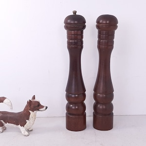 Vintage Solid Wood Salt Shaker and Pepper Grinder, 10&quot; Tall, Made in Taiwan, Very Good Used Condition, No Damage, Mild Wear, One Small Crack
