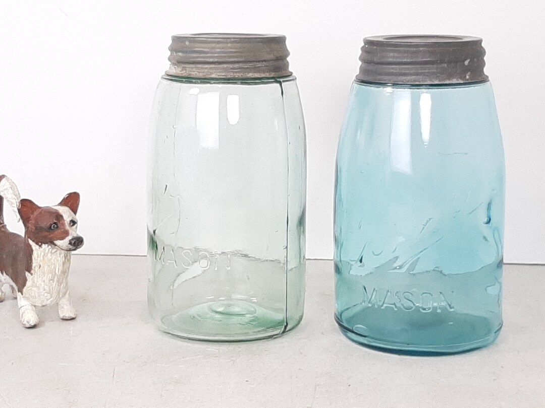 Antique Ball Mason Jars With Zinc Lids, Error- Faint Logos, Green