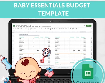 Könnte beinhalten: Eine Google Sheets-Tabellenvorlage zum Budgetieren von Baby-Essentials. Die Tabelle ist auf einem Laptop geöffnet, im Vordergrund befindet sich eine Cartoon-Baby-Illustration. Die Tabelle enthält Kategorien für einmalige Käufe, Kleidung, Gesundheit und Extras.