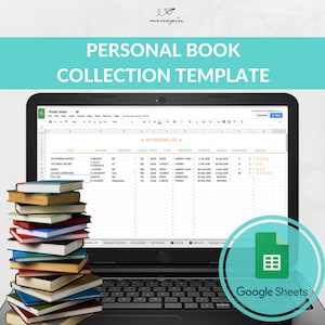 May include: A laptop computer displaying a Google Sheets spreadsheet with a list of books, authors, countries, pages, price, type, property, started, ended, duration, and rating. The spreadsheet is titled "My Reading List". A stack of books is in the foreground.