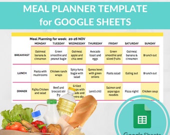 Weekly Meal Planner Spreadsheet – Google Sheets, Grocery List (Digital Download)