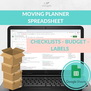 May include: A laptop computer displaying a Google Sheets spreadsheet titled "Moving Guide Menoplu". The spreadsheet includes a moving timeline, checklists, and a budget section. The laptop is sitting on a table with a stack of cardboard boxes in the foreground.