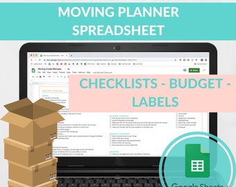 May include: A laptop computer displaying a Google Sheets spreadsheet titled "Moving Guide Menoplu". The spreadsheet includes a moving timeline, checklists, and a budget section. The laptop is sitting on a table with a stack of cardboard boxes in the foreground.