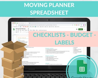 Foglio di calcolo del kit di pianificazione del trasloco - Elenco di controllo del trasloco - Budget del trasloco - Pianificatore della stanza - Etichette delle scatole per il trasloco - Stampabile per il trasferimento - Inventario delle scatole