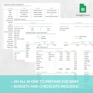 May include: A printable checklist and budget for preparing for a new baby. The checklist includes items for mom, dad, and baby for the hospital bag, monthly buys, and one-time buys. The budget includes estimated costs for diapers, furniture, clothing, and health items. The document is titled "An All in One to Prepare for Baby" and includes the text "Budgets and Checklists Included".