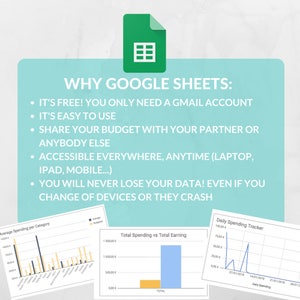 K&ouml;nnte beinhalten: Ein hellblauer Hintergrund mit dem Text "WHY GOOGLE SHEETS:" in Schwarz. Eine Liste mit Aufz&auml;hlungszeichen folgt: "IT'S FREE! YOU ONLY NEED A GMAIL ACCOUNT", "IT'S EASY TO USE", "SHARE YOUR BUDGET WITH YOUR PARTNER OR ANYBODY ELSE", "ACCESSIBLE EVERYWHERE, ANYTIME (LAPTOP, IPAD, MOBILE...)", "YOU WILL NEVER LOSE YOUR DATA! EVEN IF YOU CHANGE OF DEVICES OR THEY CRASH". Unter dem Text sind zwei Diagramme dargestellt. Das erste Diagramm ist ein Balkendiagramm, das die durchschnittlichen Ausgaben pro Kategorie zeigt. Das zweite Diagramm ist ein Balkendiagramm, das die Gesamtausgaben im Vergleich zu den Gesamteinnahmen zeigt. Das Diagramm zeigt ein Gesamteinkommen von 1.300 &euro; und Gesamtausgaben von 400 &euro;.