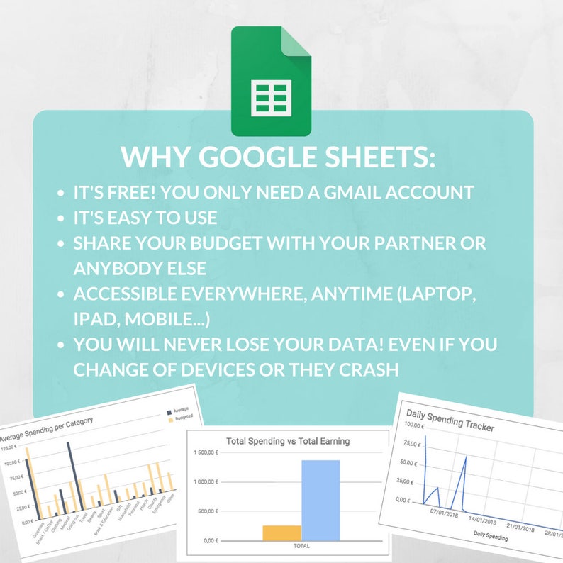 K&ouml;nnte beinhalten: Ein hellblauer Hintergrund mit dem Text "WHY GOOGLE SHEETS:" in Schwarz. Eine Liste mit Aufz&auml;hlungszeichen folgt: "IT'S FREE! YOU ONLY NEED A GMAIL ACCOUNT", "IT'S EASY TO USE", "SHARE YOUR BUDGET WITH YOUR PARTNER OR ANYBODY ELSE", "ACCESSIBLE EVERYWHERE, ANYTIME (LAPTOP, IPAD, MOBILE...)", "YOU WILL NEVER LOSE YOUR DATA! EVEN IF YOU CHANGE OF DEVICES OR THEY CRASH". Unter dem Text sind zwei Diagramme dargestellt. Das erste Diagramm ist ein Balkendiagramm, das die durchschnittlichen Ausgaben pro Kategorie zeigt. Das zweite Diagramm ist ein Balkendiagramm, das die Gesamtausgaben im Vergleich zu den Gesamteinnahmen zeigt. Das Diagramm zeigt ein Gesamteinkommen von 1.300 &euro; und Gesamtausgaben von 400 &euro;.