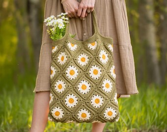 Borsa Tote All'Uncinetto Verde Floreale Con Margherite: Fatta A Mano In Cotone, Stile Fairycore Per Spiaggia O Regalo