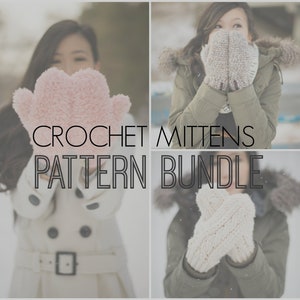May include: A collage of images showing different crochet mitten patterns. The text "CROCHET MITTENS PATTERN BUNDLE" is displayed in the center of the image.
