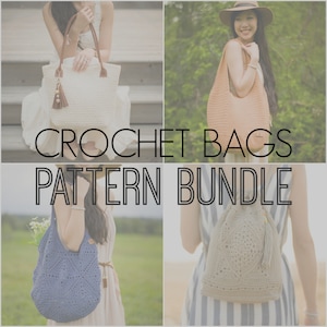 May include: A composite image featuring various crochet bags. Styles include a tote with brown handles, a large shoulder bag, a blue patterned bag, and a drawstring backpack. The text "CROCHET BAGS PATTERN BUNDLE" is displayed across the image.